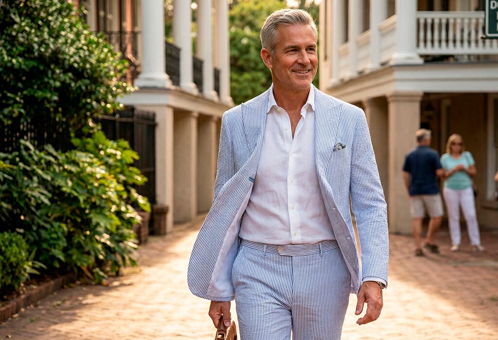 Man in light blue seersucker suit walking in Southern neighborhood during warm weather
