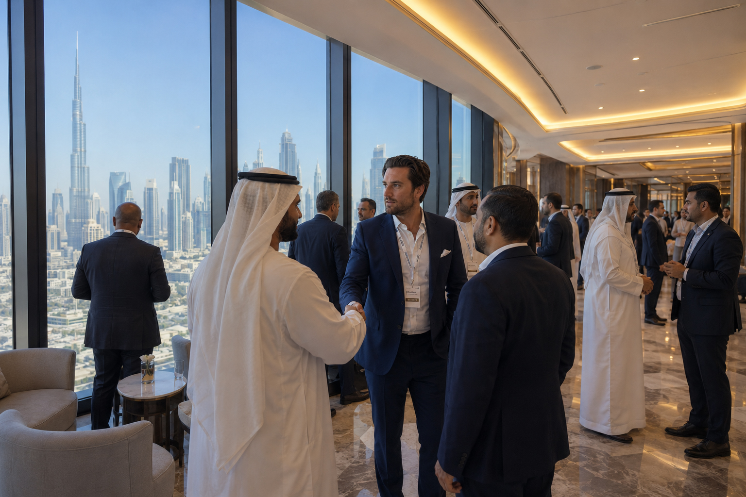 Man in a navy suit shaking hands at a Dubai business conference with the city skyline visible through the windows.