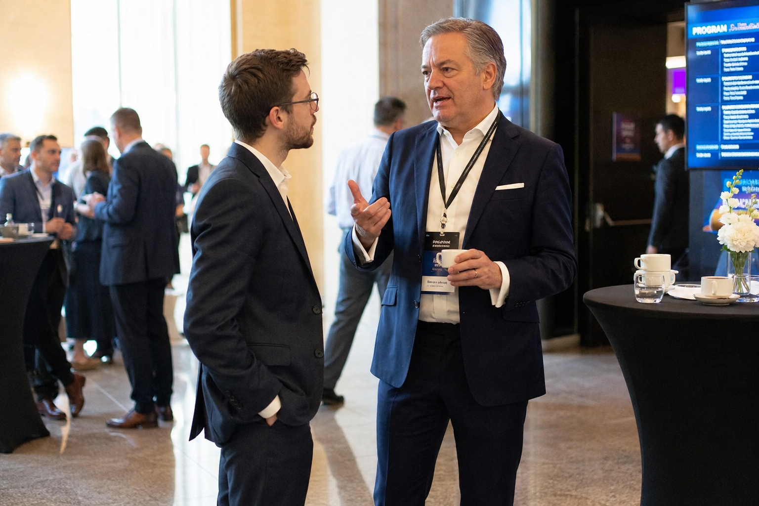 Two businessmen in suits having a professional conversation while networking at a conference.
