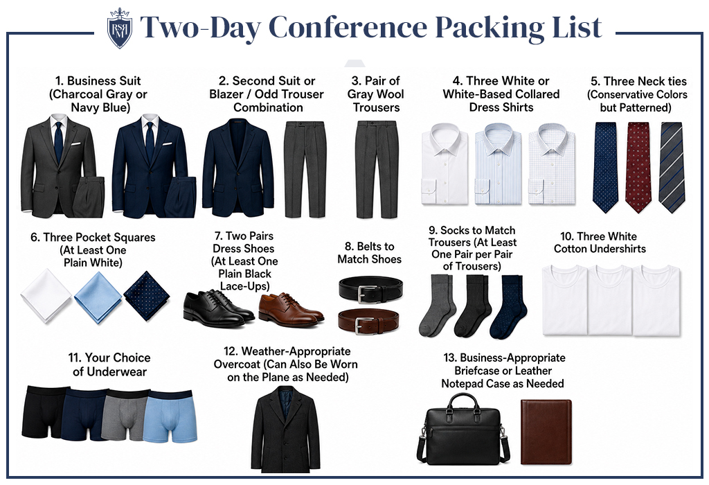 Infographic showing a two-day business conference packing list with suits, dress shirts, ties, pocket squares, dress shoes, belts, socks, undershirts, underwear, overcoat, briefcase, and leather notepad case.