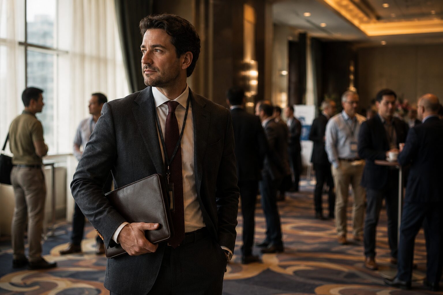40-year-old man in a charcoal two-button suit and burgundy knit tie standing in a hotel ballroom lobby during a corporate conference