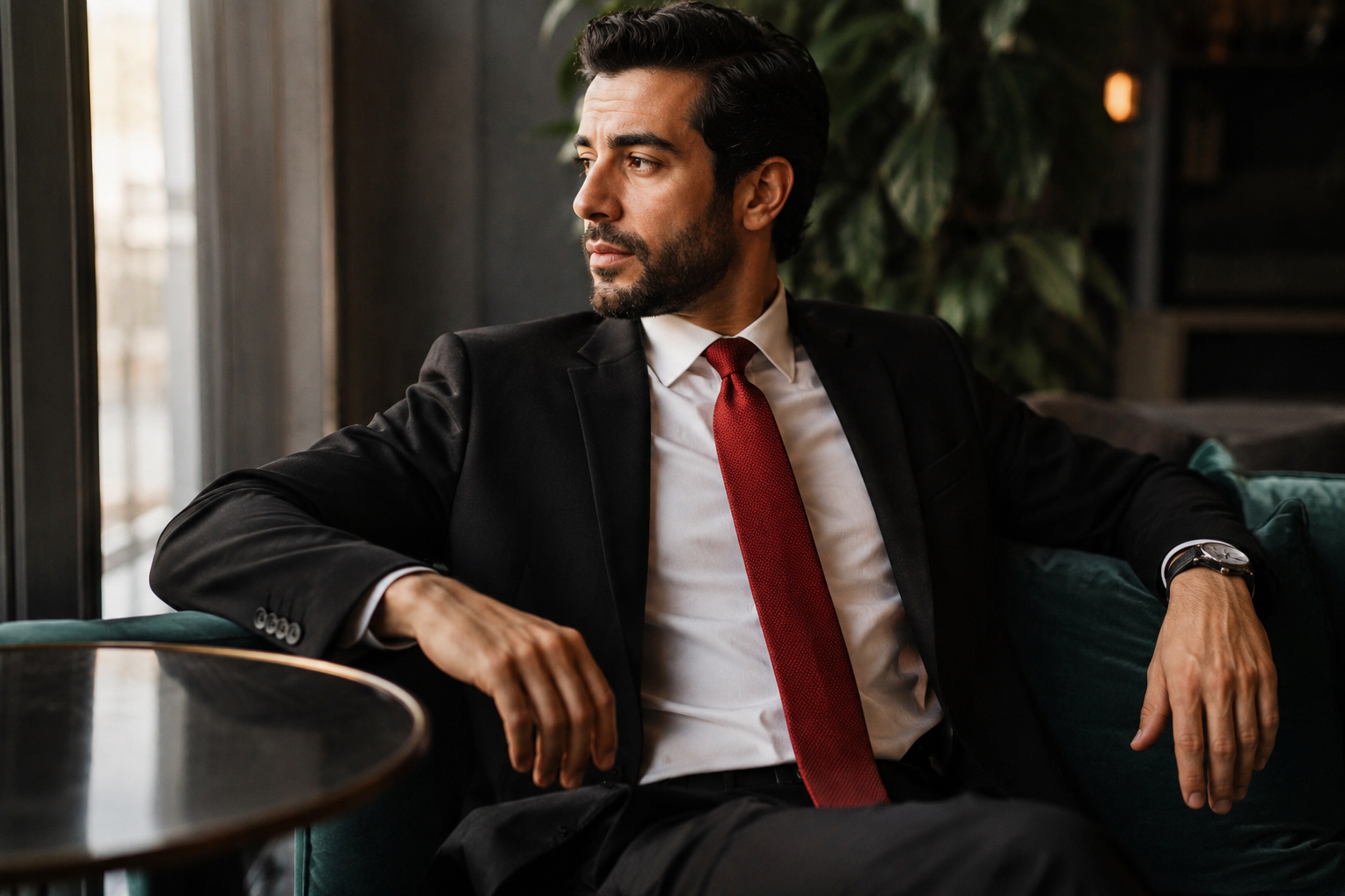 man wearing black suit and red tie