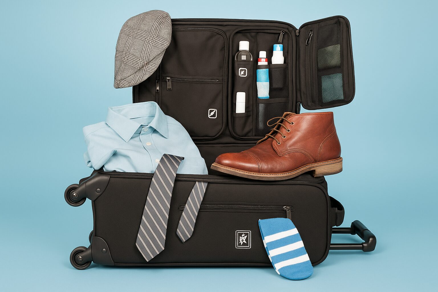 A neatly packed black rolling suitcase with various items arranged inside, including a herringbone-patterned cap, a light blue dress shirt, a brown leather boot, striped socks, and accessories in black mesh pockets