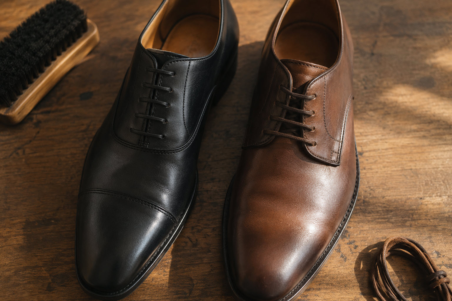 verhead close-up of two dress shoes side by side, one Oxford with closed lacing and one Derby with open lacing