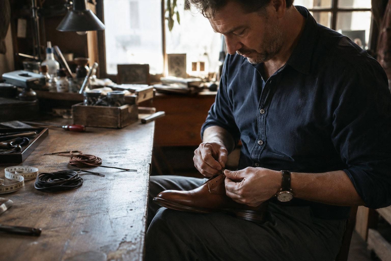 man's hands threading a thin waxed lace through the eyelet of a brown Oxford on a workbench, spare laces coiled beside it