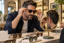 How to Choose Sunglasses for Your Face Shape (Men's Guide) man tries sunglasses in the store