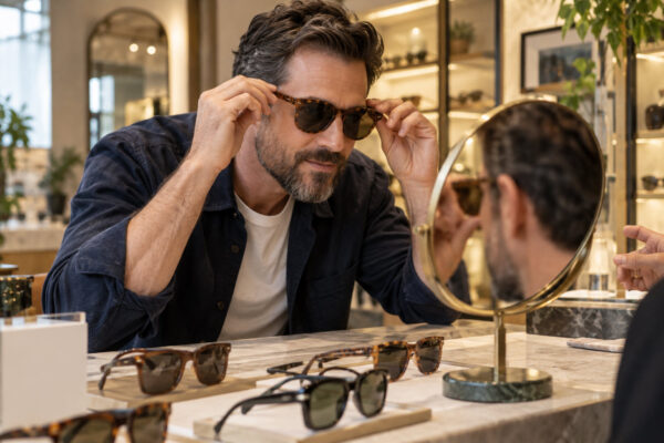 man tries sunglasses in the store