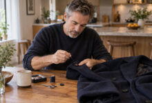 man at a kitchen table sewing a button back onto a navy overcoat