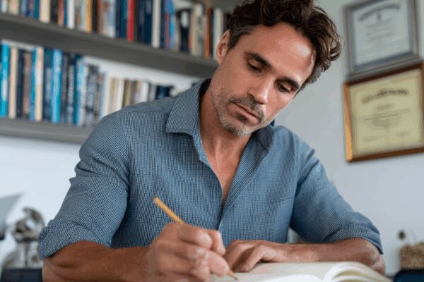 man reading book and making notes