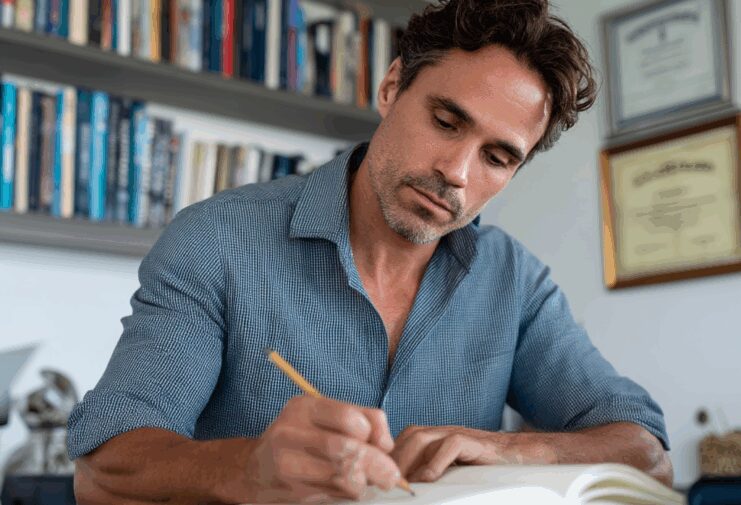 man reading book and making notes