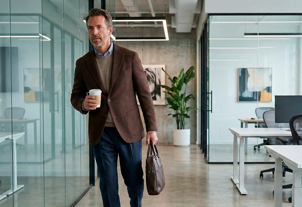 Well-dressed man wearing tailored blazer and trousers walking into modern office, showing everyday smart casual style habits