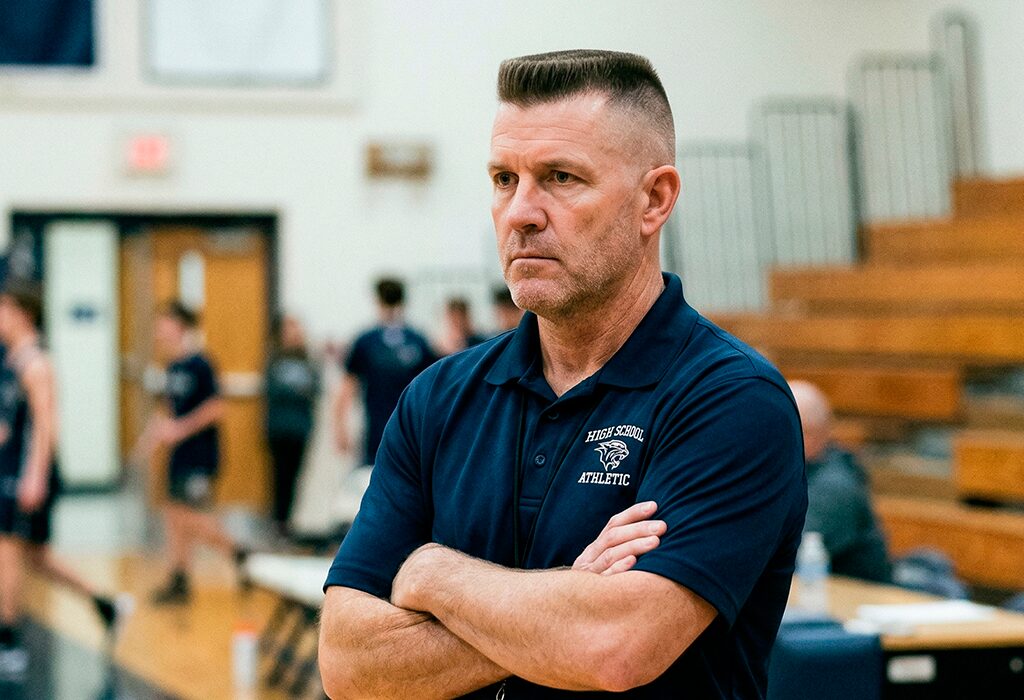 Middle-aged coach with severe flat top haircut standing courtside in school gymnasium.