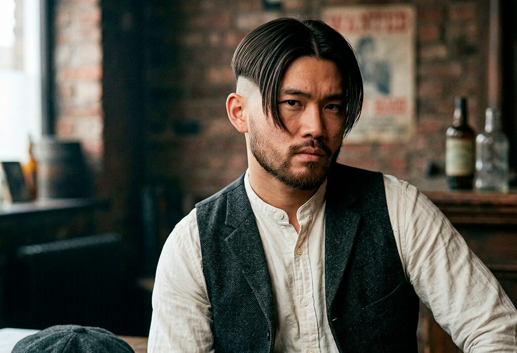 Man with center-part curtains and sharp undercut sitting indoors wearing vest and shirt.