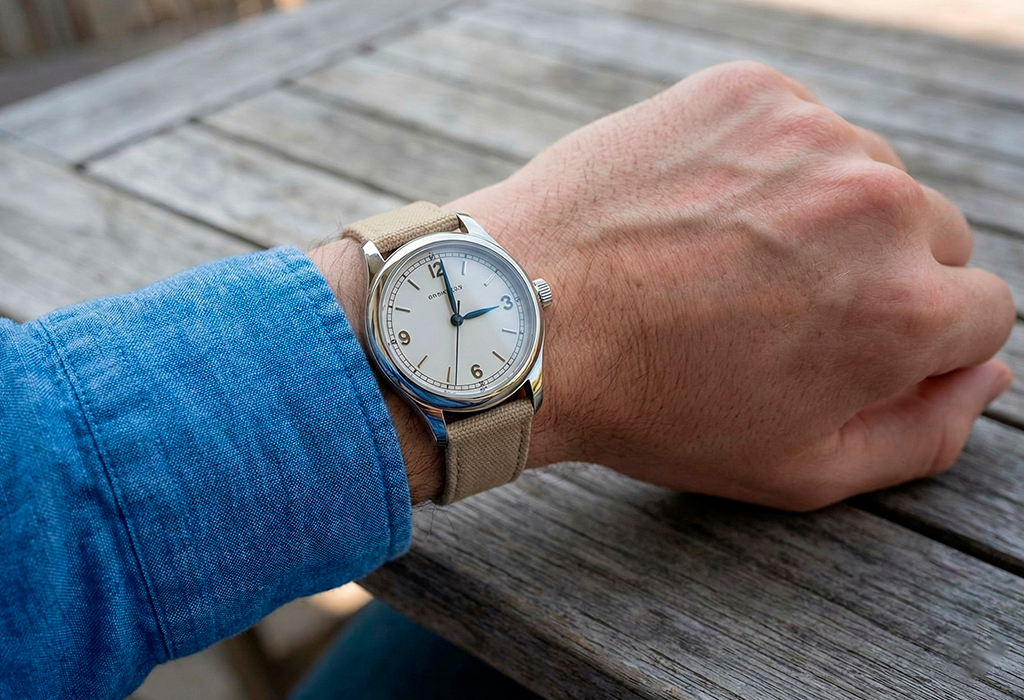 Classic white-dial watch paired with beige fabric strap, casual denim cuff visible