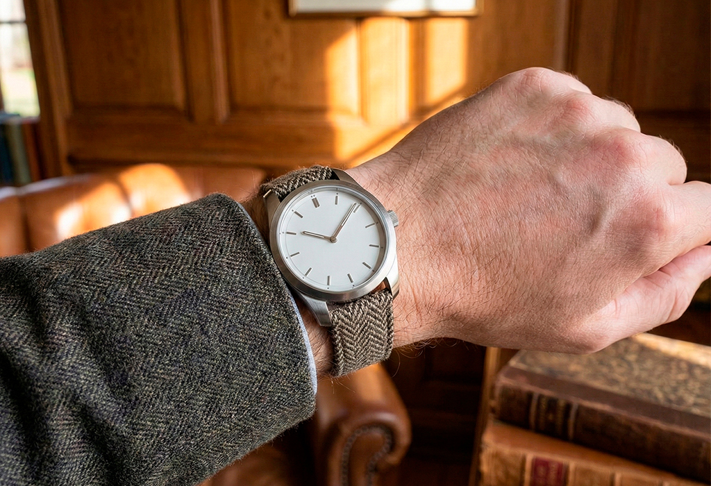 Minimalist silver watch on brown tweed strap, worn with herringbone jacket sleeve.
