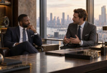 two men elegantly dressed talking in the office