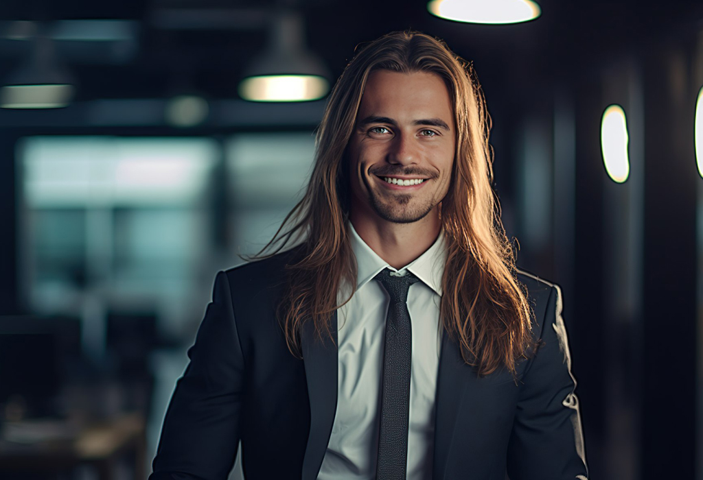 businessman with long hair at the office
