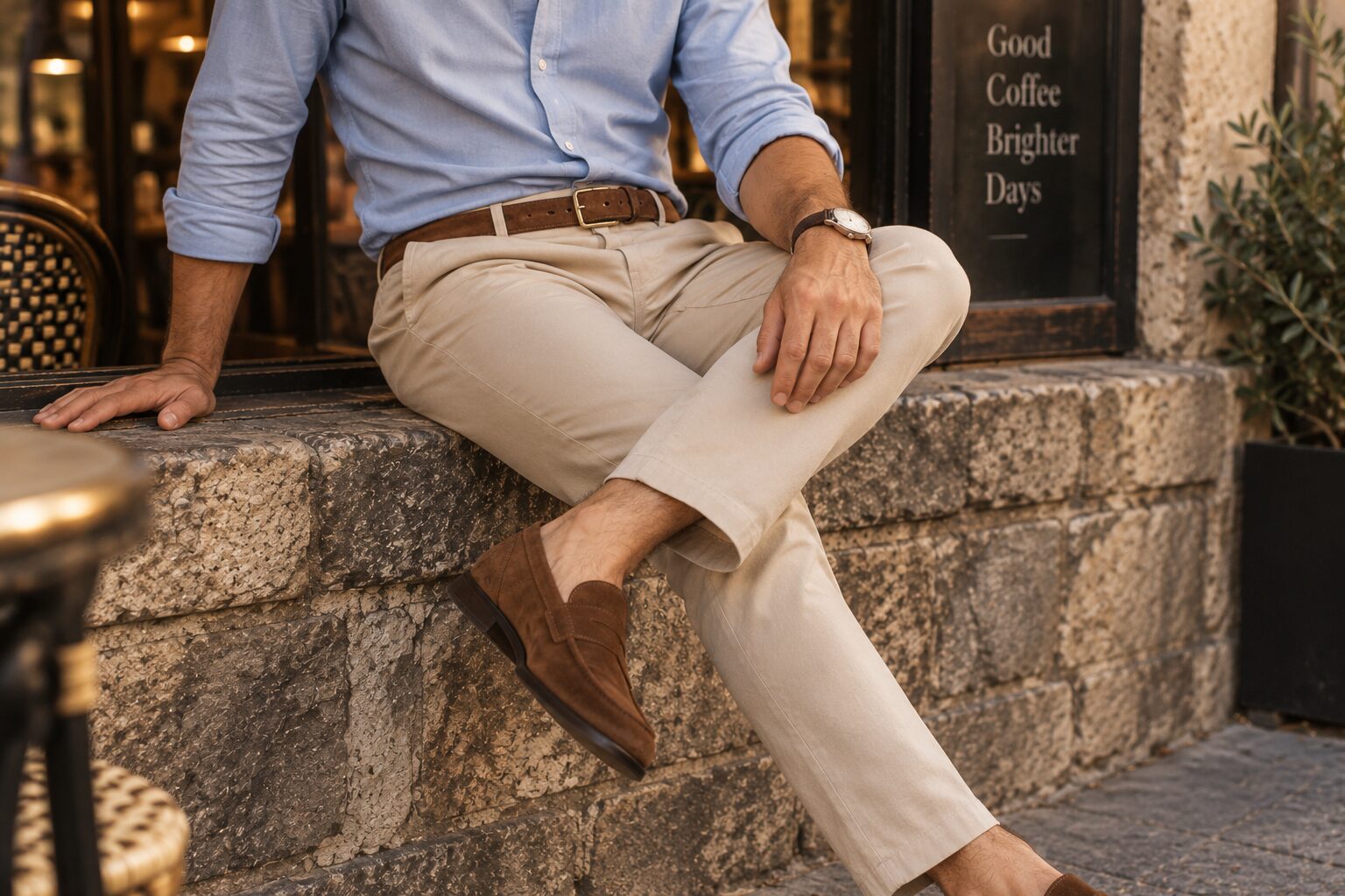 man sitting showing off same color belt and shoes match