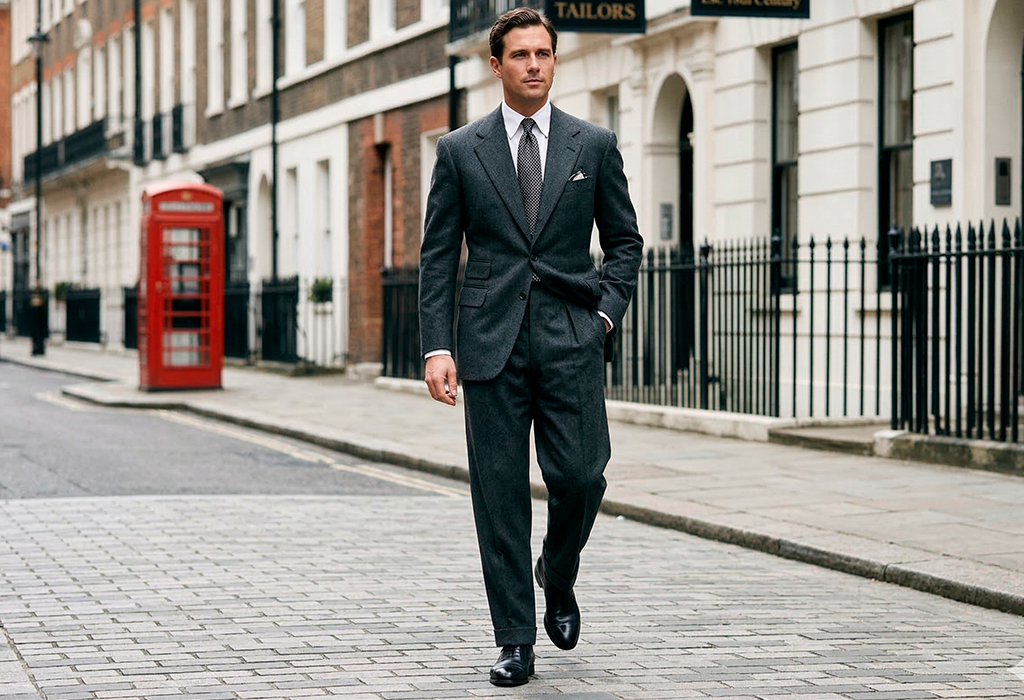 Man in structured British suit holding hat on city sidewalk with classic formal styling.