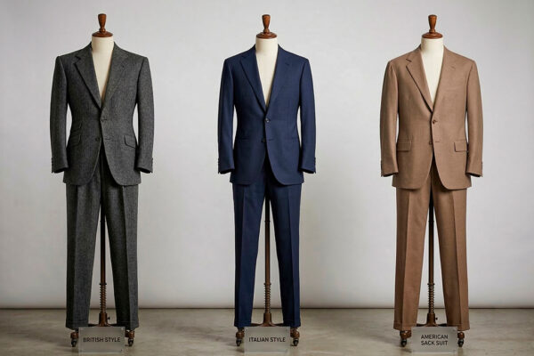 Three mannequins compare British, Italian, and American suit styles with different cuts and silhouettes.