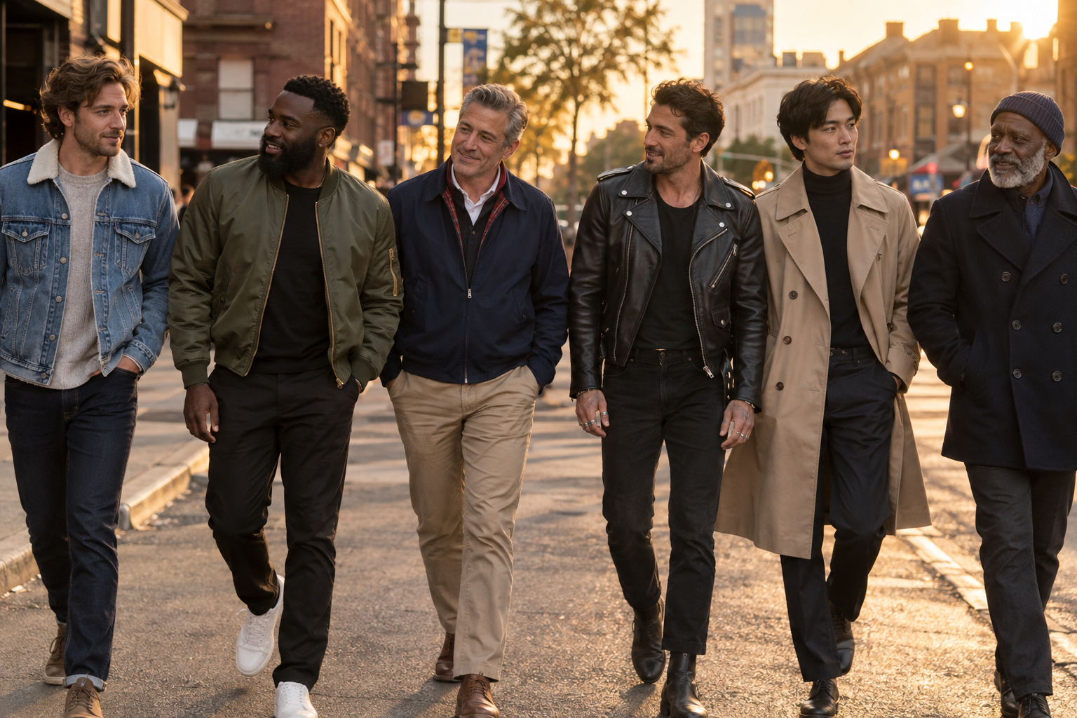 group of men walking sidewalk dressed in different types of jackets