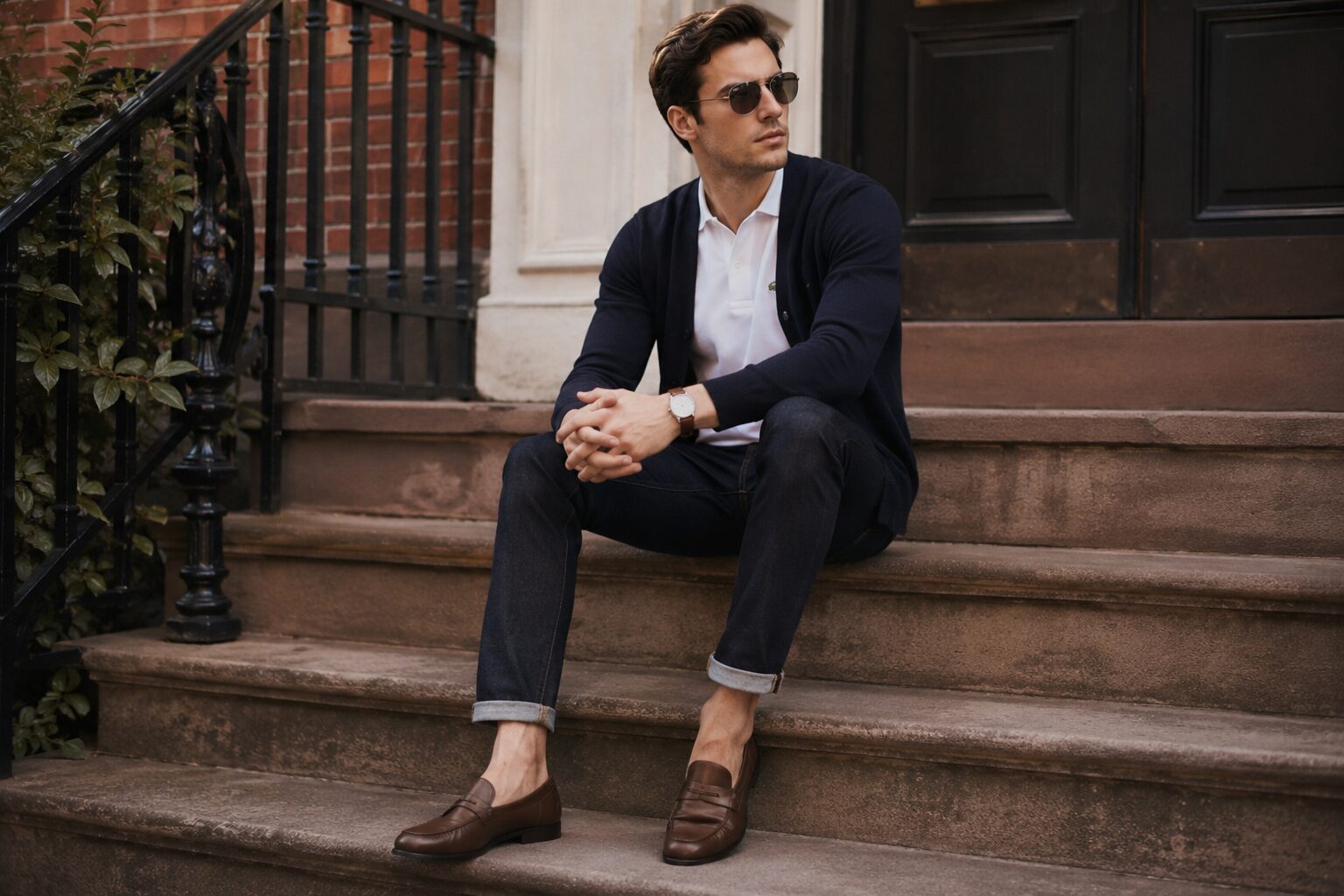 Stylish man layering white polo under navy cardigan with dark denim and brown loafers outdoors.