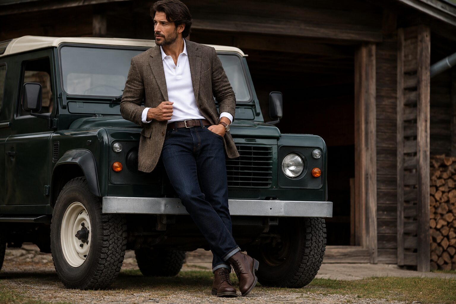 Rugged casual outfit featuring white polo, tweed sport coat, dark denim, and brown leather boots.