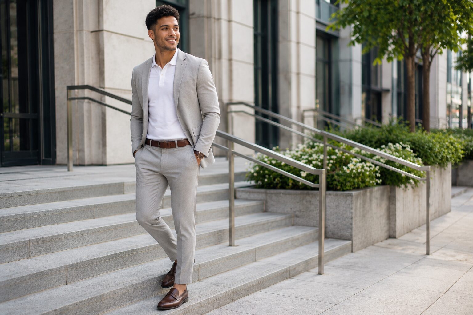 Modern business casual outfit combining white polo shirt with tailored light gray suit and loafers.