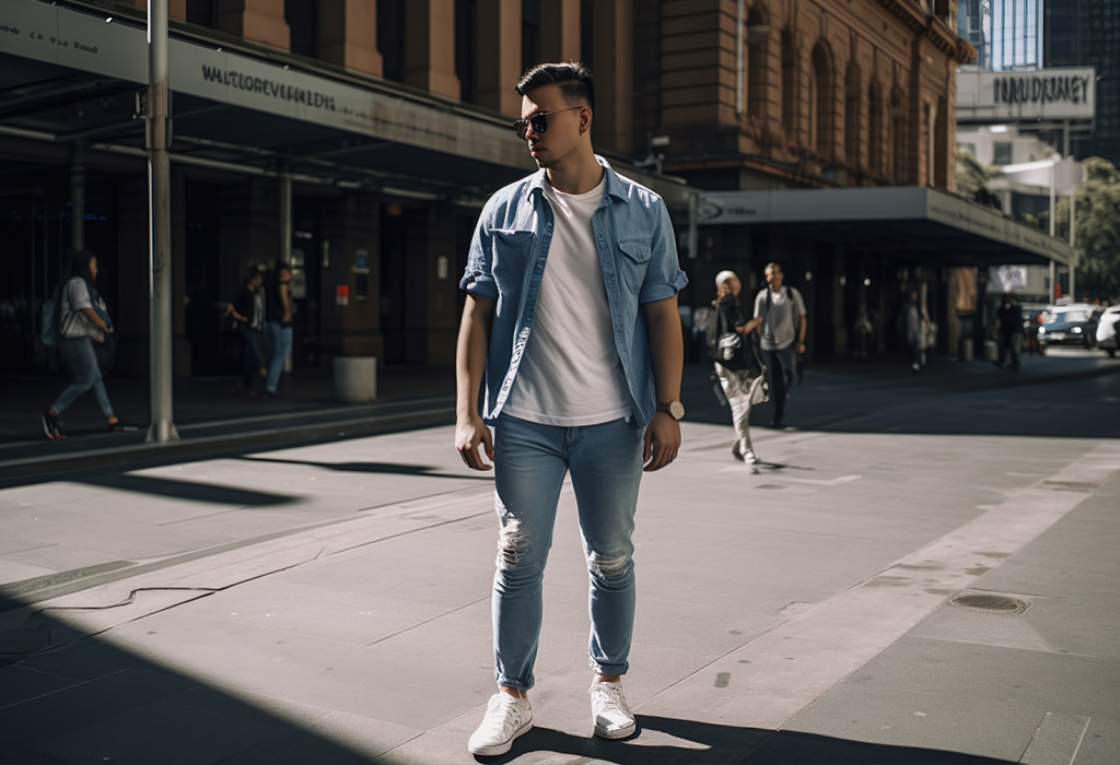 A young man stands on a busy city street, wearing a denim shirt over a white T-shirt and ripped jeans, capturing a casual urban style