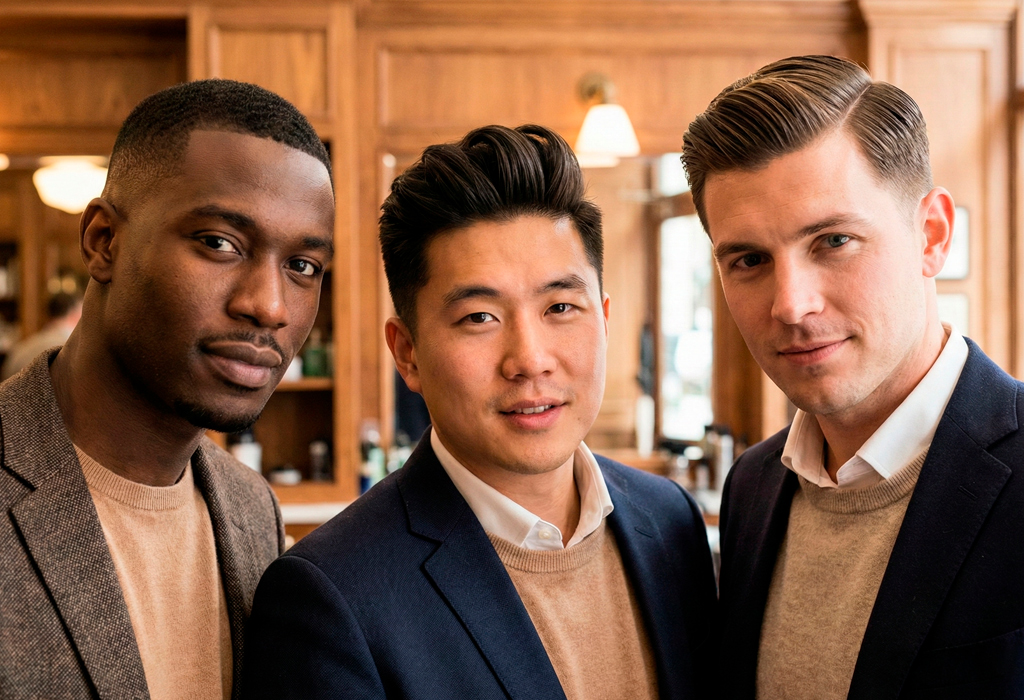 Three men in smart casual outfits showcasing modern hairstyles, confident and well-groomed.