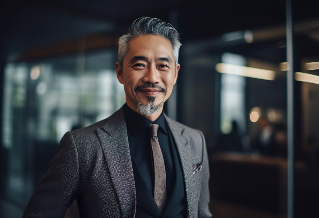 older guy of asian descent wearing perfect suit with dark shirt and tie