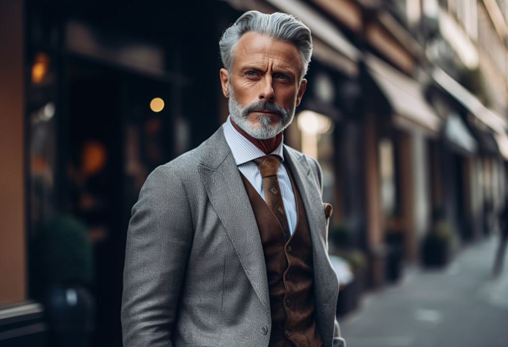 older man in a perfect suit with vest