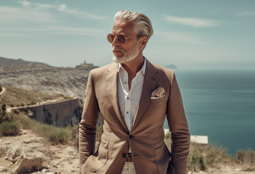 man wearing linen beige suit