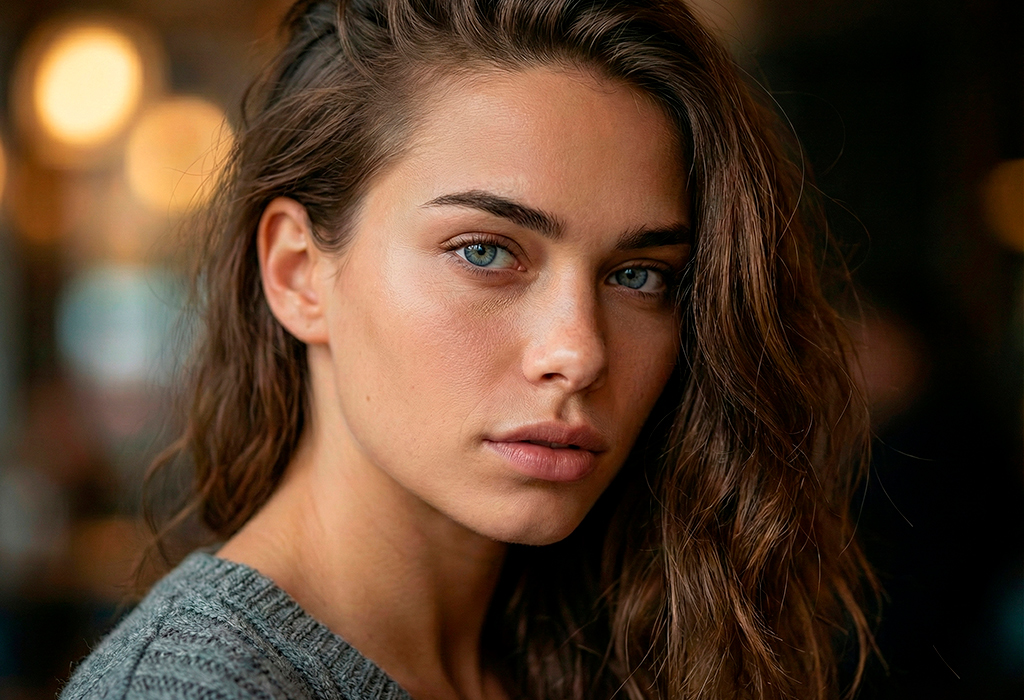 Close-up portrait of a young woman with natural makeup, representing attraction cues like confidence, presence, and emotional safety.