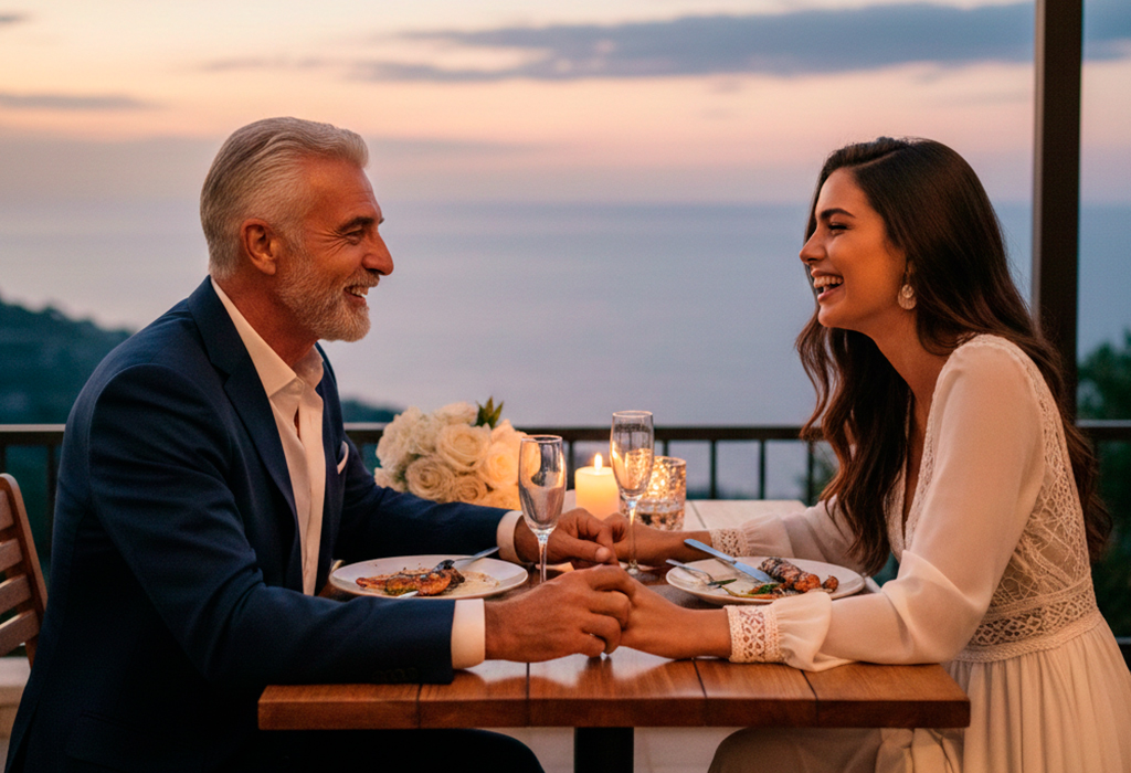 Older man and younger woman holding hands at an outdoor dinner date, emphasizing romance, confidence, and steady leadership.