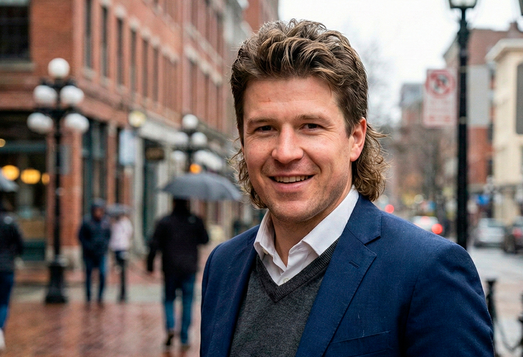 Man with hockey cut hairstyle in navy blazer, smiling outdoors on rainy street.