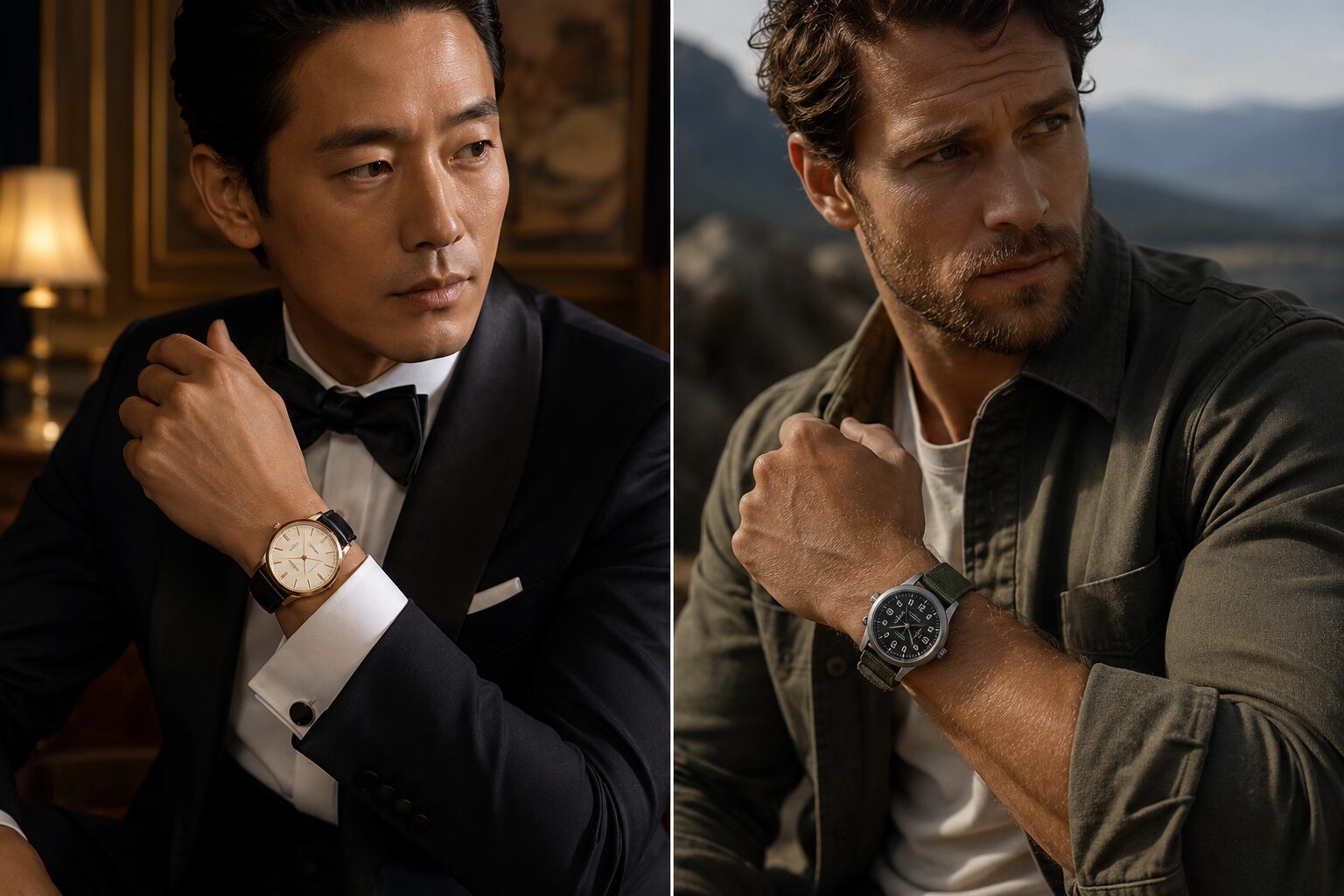 Three men wearing formal, business casual, and smart casual outfits matched with different watches.