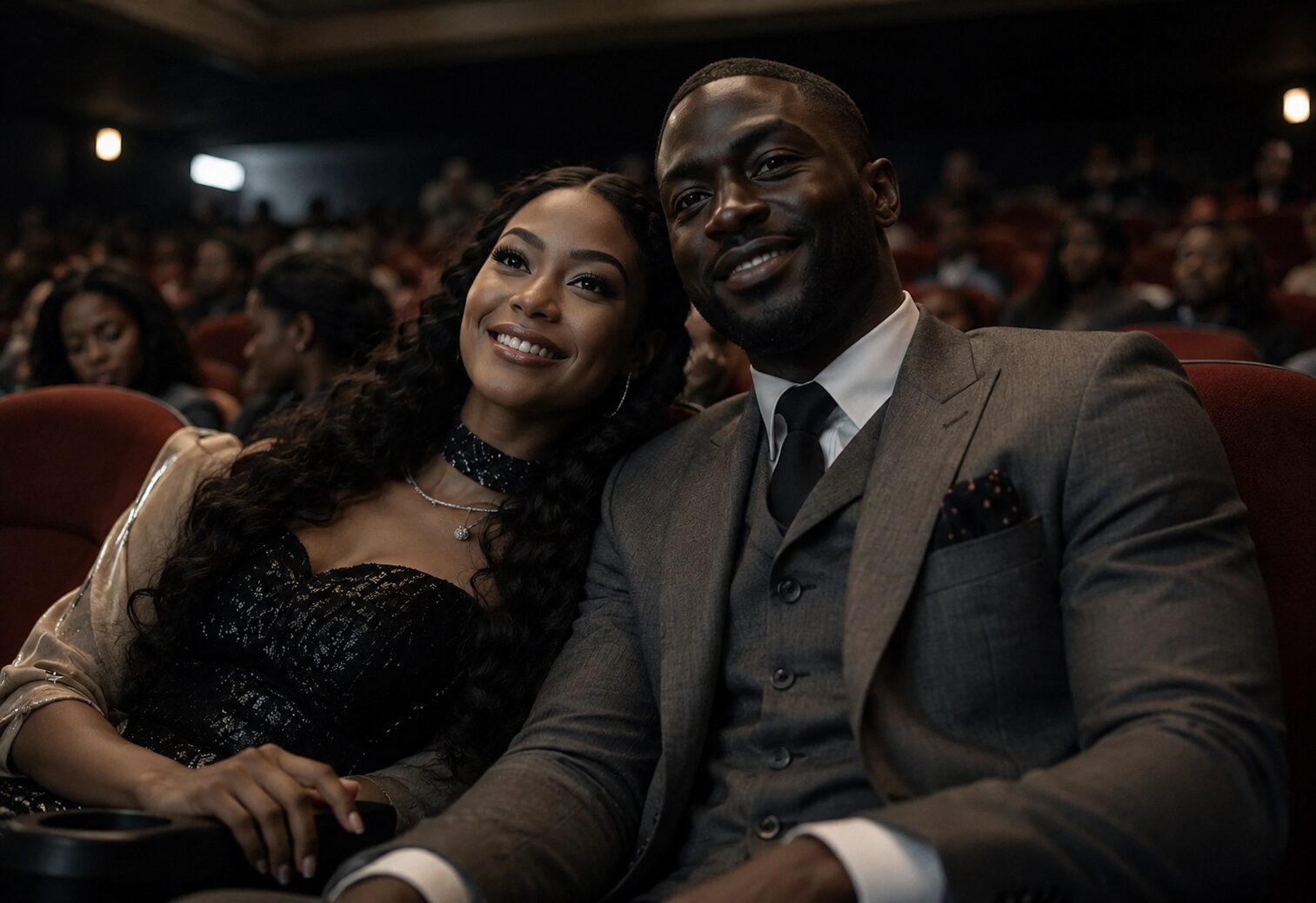 woman and man smiling while watching a movie