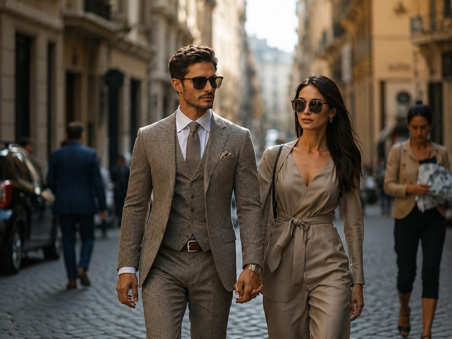 nice couple walking the street holding hands