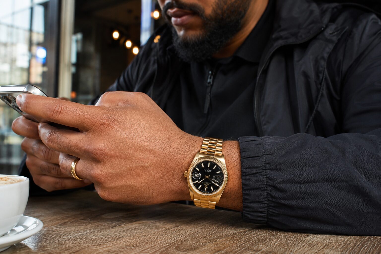 Man using phone at café while gold watch and ring create a coordinated look.