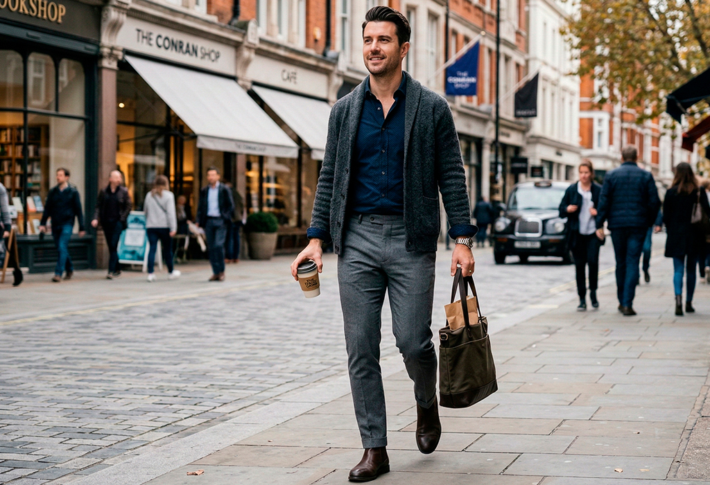 Stylish man in his 30s wearing cardigan, navy shirt, gray trousers, walking city street.