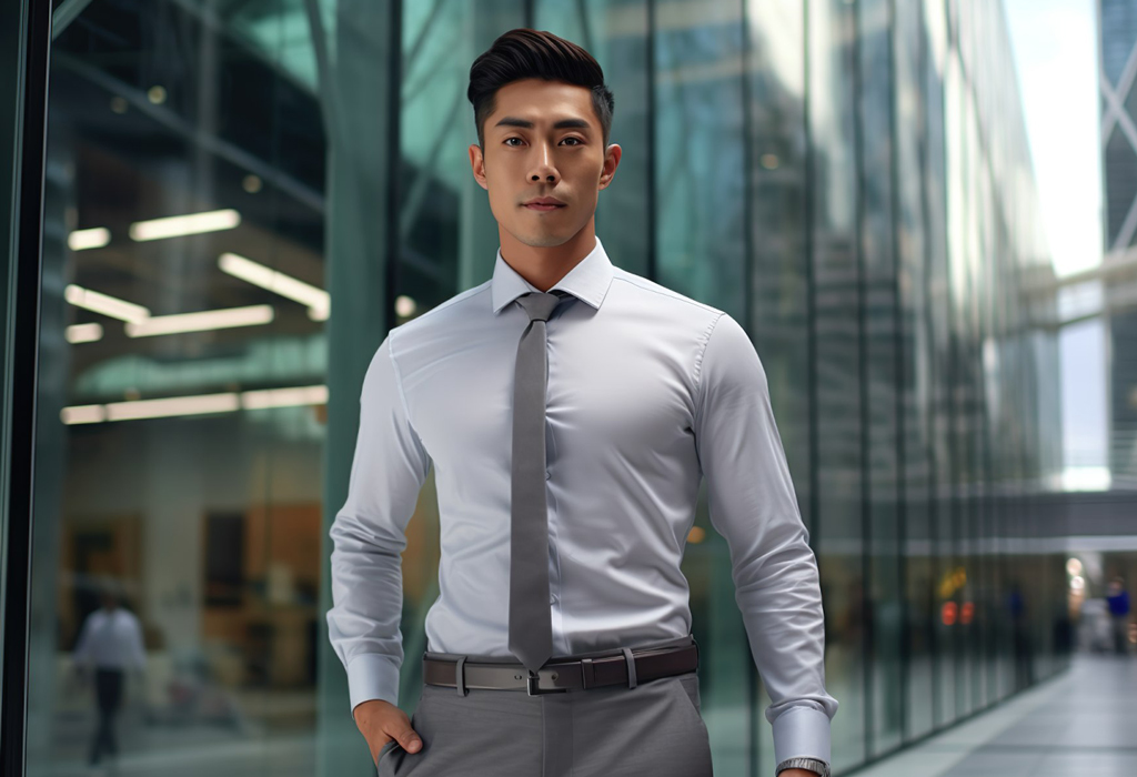 man wearing properly tucked in shirt