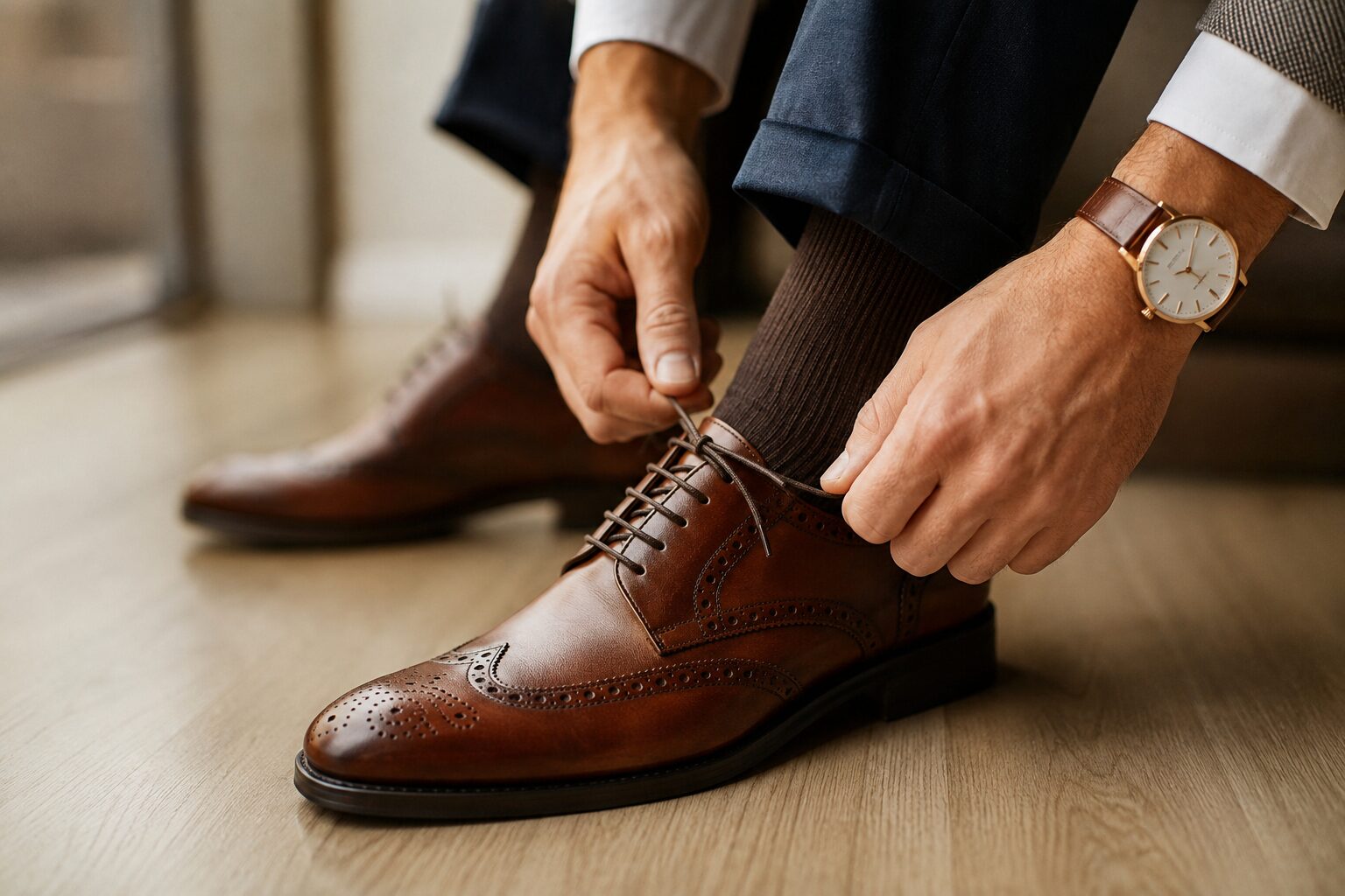 Man tying brown dress shoes while wearing a refined leather strap dress watch.