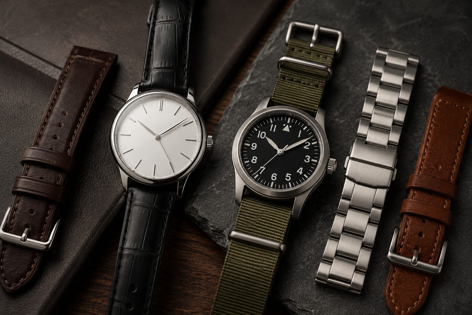 Dress watch and field watch displayed with leather and metal straps for versatility.