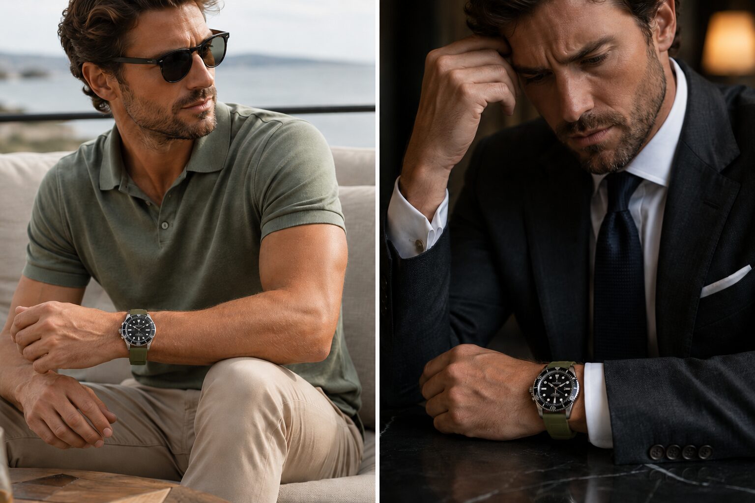 Man wears rugged sports watch with casual outfit and mismatched formal suit styling.