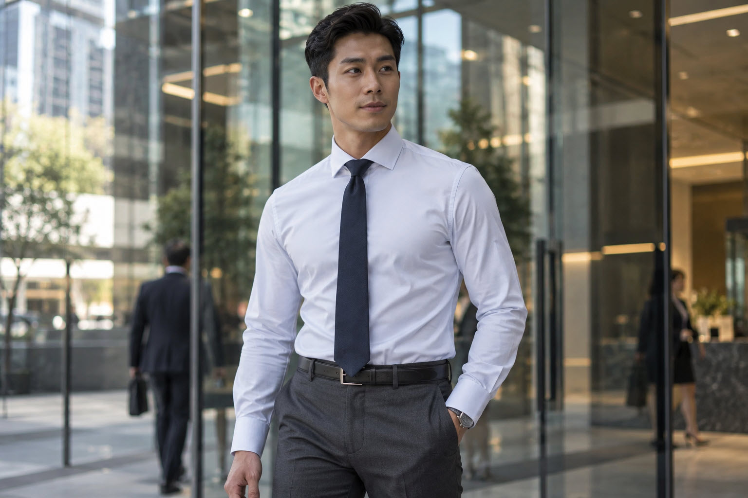 man wearing properly tucked in shirt