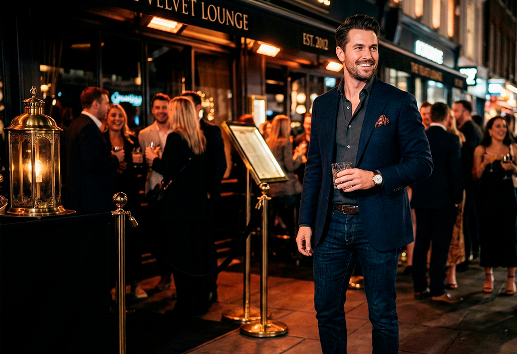 Well-dressed man in his 30s wearing blazer and dark jeans outside nightlife venue.