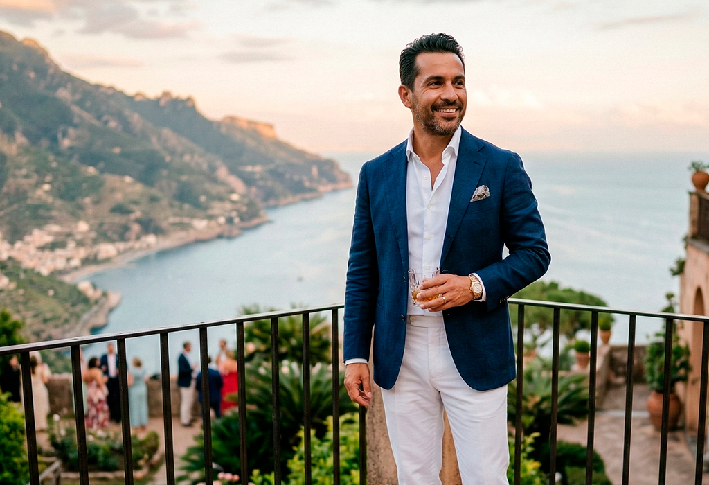 Man in navy blazer and white trousers enjoying coastal view with effortless quiet luxury style.