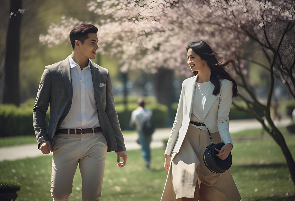 kind generous men are attractive to women romantic couple walking in blossom garden