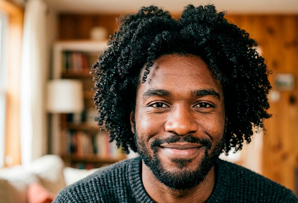 Man with coily hair smiling in close-up portrait showing natural texture and volume